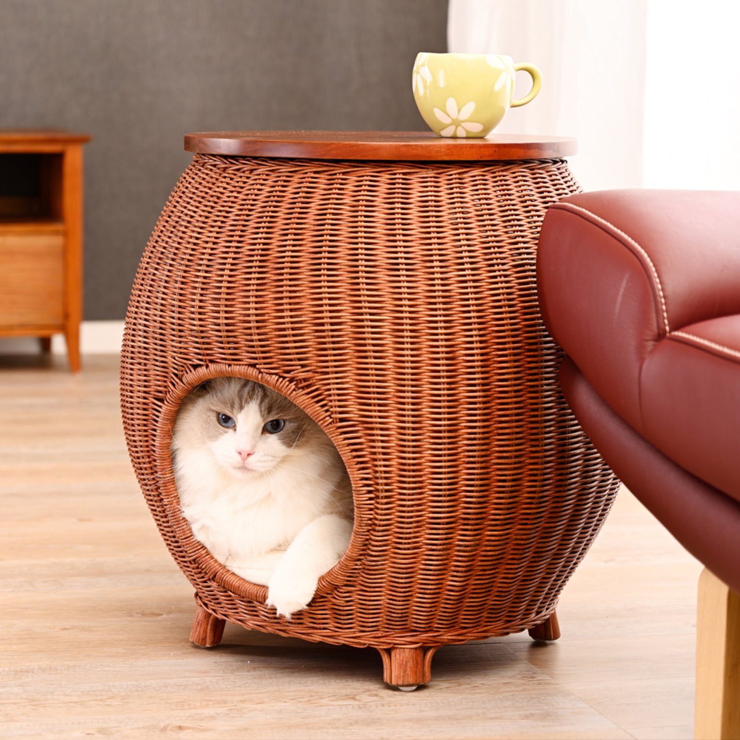 네코세카이 라탄 사이드테이블 베드 브라운